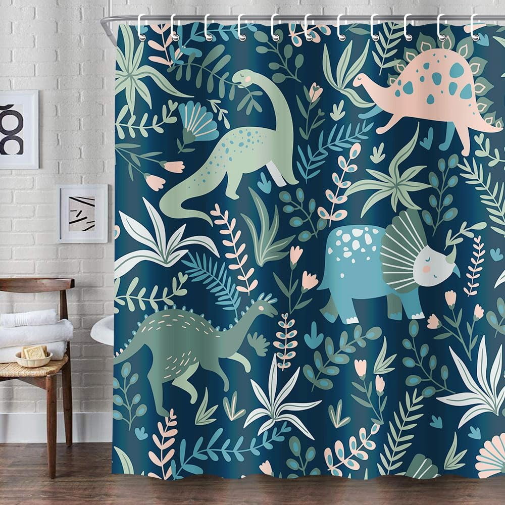 Kids Shower Curtains,Funny Dinosaur Shower Curtains, Cute Dinosaur for Boys Girls, Green Plant Leaf Flowers Colorful Bathroom Decor with Hooks Waterproof Fabric Polyester Bathtub Decorative