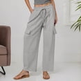 thumbnail image 2 of Pantalones de lino Pantalones cargo elásticos de cintura alta con cordón para mujer, 2 of 6