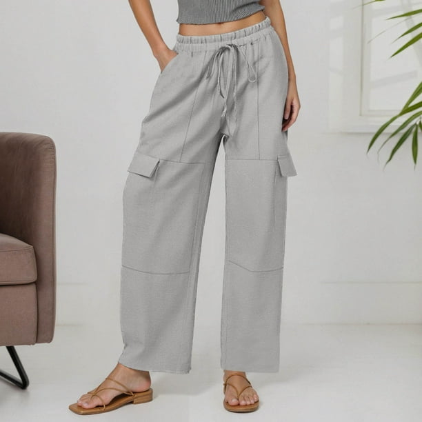 WILLBEST Pantalones Casuales de Lino para Mujer, Cintura Alta Elástica, con Cordón Ajustable, Holgados, de Pierna Ancha, para Actividades Informales En La Playa. Chica