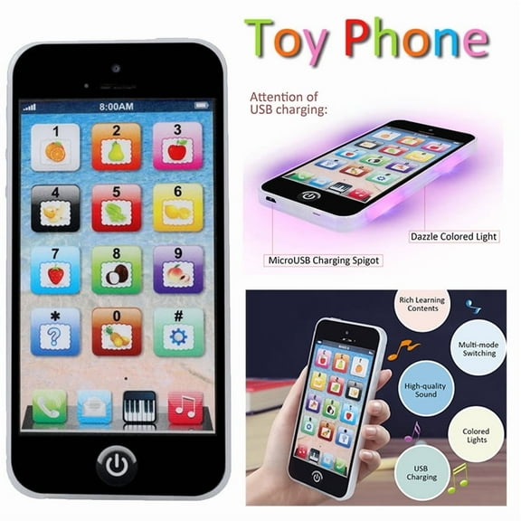 BFVV Educational Learning Toy Play Cell Phone, Interactive Toy with Dazzling Lights, Early Electronic Mobile Songs Learning Toy for Christmas Kids Toddler Baby Boys Girls 2 -8Year Old - Black