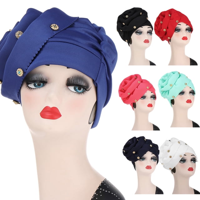 Koszal Flower Decor Solid Color Headscarf Cap Women Rhinestone Ruched Head Wrap Hair Accessories