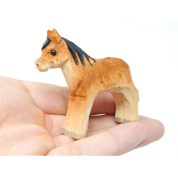 Small 2" Wood Horse Art Figurine - Handmade USA - Unique Original Art Carving Work - Patriotic Decoration, Miniature Animals