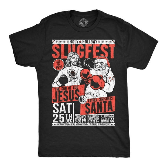 Mens Funny T Shirts Holy Holiday Slugfest Sarcastic Christmas Boxing Match Flyer Graphic Tee for Men Graphic Tees