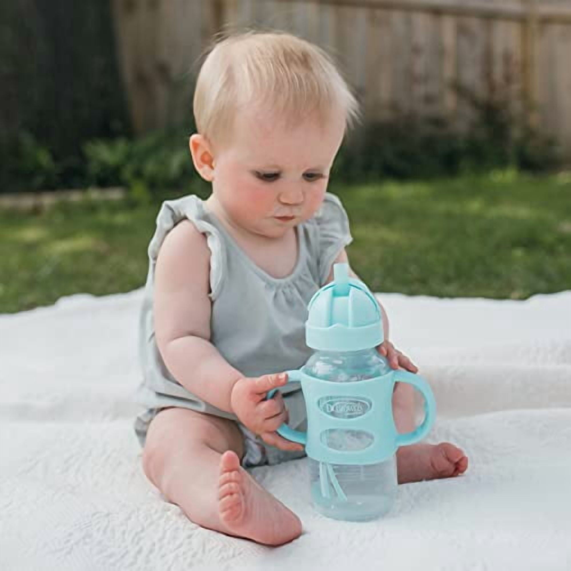 Dr. Brown's Milestones Wide-Neck Sippy Straw Bottle with Handles, 9oz/270ml, Gray/Green, 6m+, 2 Pack