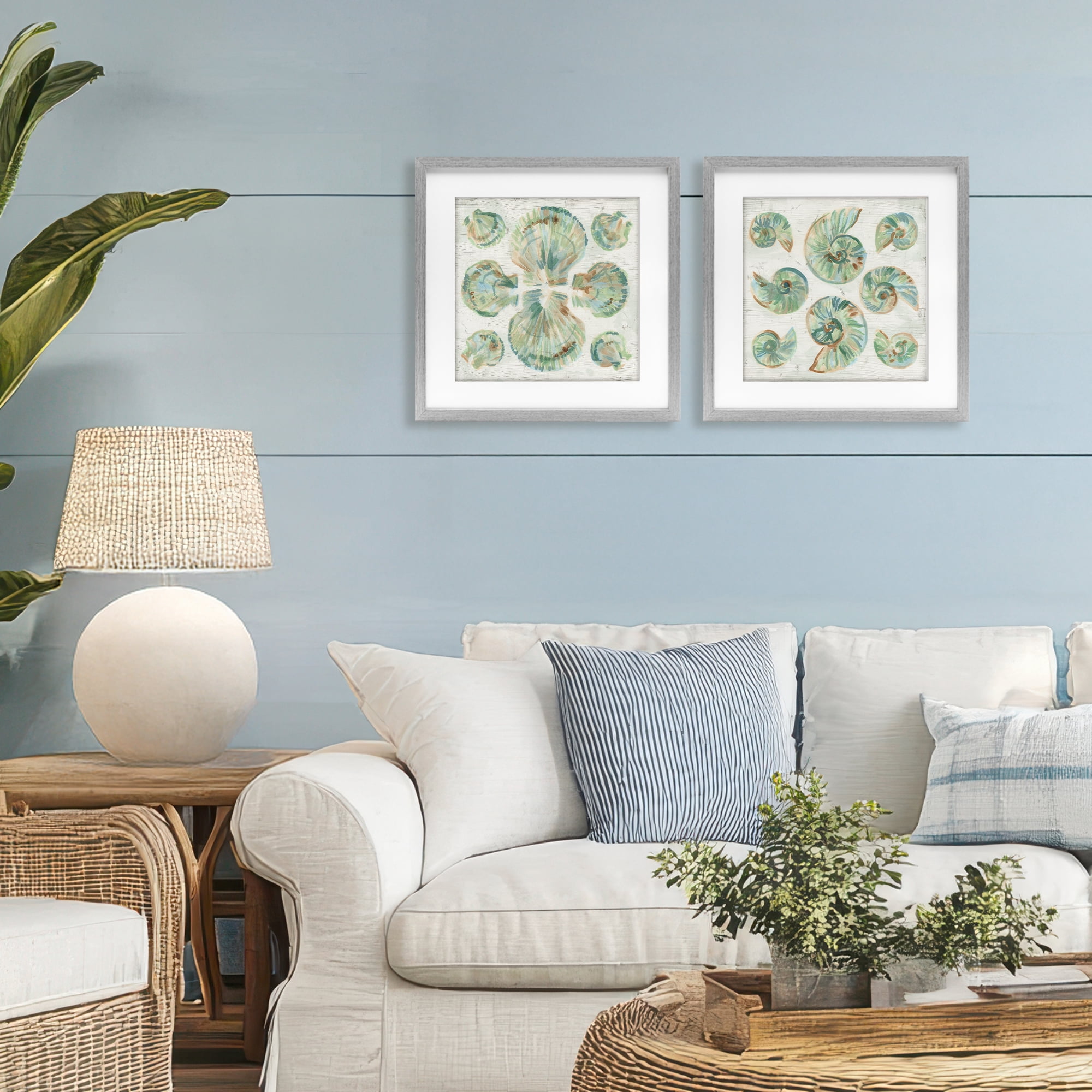 Stupell Industries Saltwashed Seashells Pattern 2 Piece Gray Framed Print Under Glass Set, design by June Erica Vess