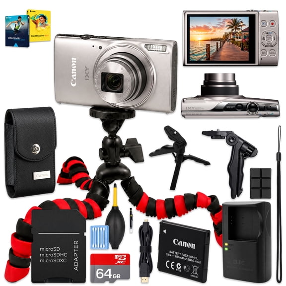 Canon IXY 650M Compact Digital Camera (Silver) | 20.2MP CMOS, 12x Optical Zoom, 25-300mm, Full HD 1080p, Wi-Fi & NFC | 64GB Card, LED Light, Spider Tripod, Canon Leather Case (International Model)