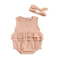 thumbnail image 2 of Musuos Baby Summer 2PCS Romper, 3 6 12 18M Sleeveless Plain Pleated Crew Neck Ruffle Snap Bottom Jumpsuit, Stretchy Bow Headband, 2 of 10