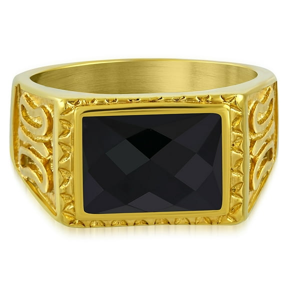 Stainless Steel Yellow Gold-Tone Black Simulated Onyx Mens Ring - Size 8
