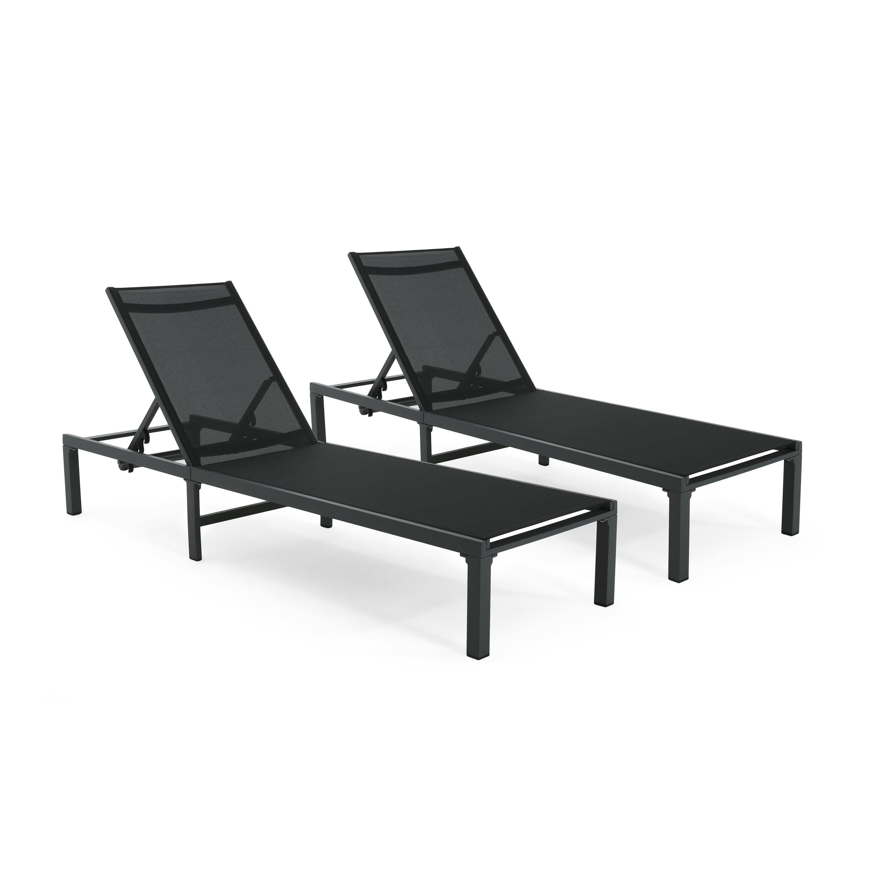 Outdoor Chaise Lounge Set of 2, Adjustable Chaise Lounge, Patio Chaise Lounge with 4-Position Reclining Backrest, Aluminum Frame and Breathable Fabric, Lightweight, Black