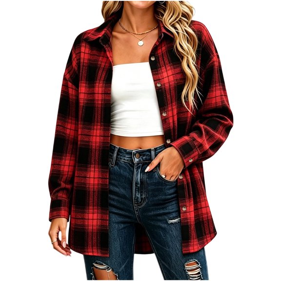 Qiopertar Women's Plaid Shirt Button Down Long Sleeve Casual Loose Oversized Collared Tops Fall Winter Trendy Basic Streetwear Red M