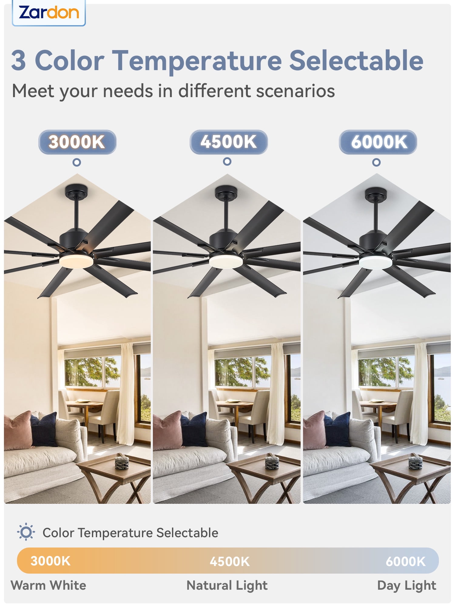 Zardon 72 in Large Ceiling Fans with Light and Remote, Modern Ceiling Fan with 6 Speed Reversible for Indoor, Outdoor, Black