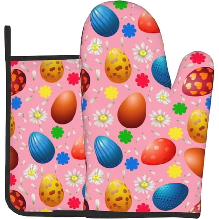 Oven Mitts and Pot Holders Sets of 2 Cute Colorful Easter Eggs Kitchen Potholder Gloves Heat Resistant Non-Slip for Chef Baking Cooking Grilling BBQ Mittens Kitchen Accessories Sets