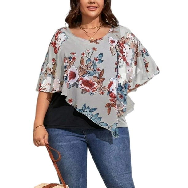 Fashnice Women Blouse Double-Layered Plus Size Tops Short Sleeve Summer T  Shirts Baggy Holiday Tunic Gray 2XL 