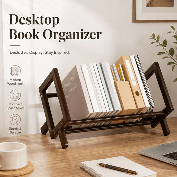 Wooden Desktop Book Organizer - Tilting Bookcase Countertop Book Caddy Storage Rack for Living Room Home Office Magazine Book Display Tabletop Shelf Decor