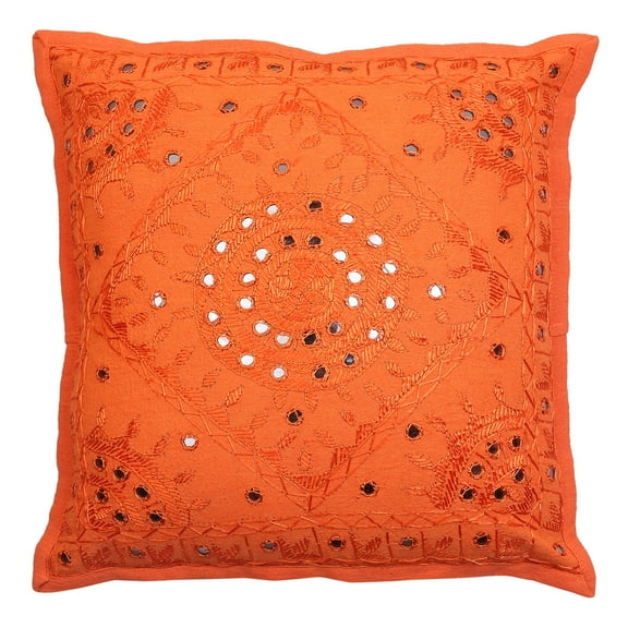 Stylo Culture Indian Chair Seat Throw Pillow Cover 16 x 16 Hand Embroidered Orange Bohemian 40cm x 40cm Home Decor Cotton Mirrored Square Cushion Cover | 1 Pc