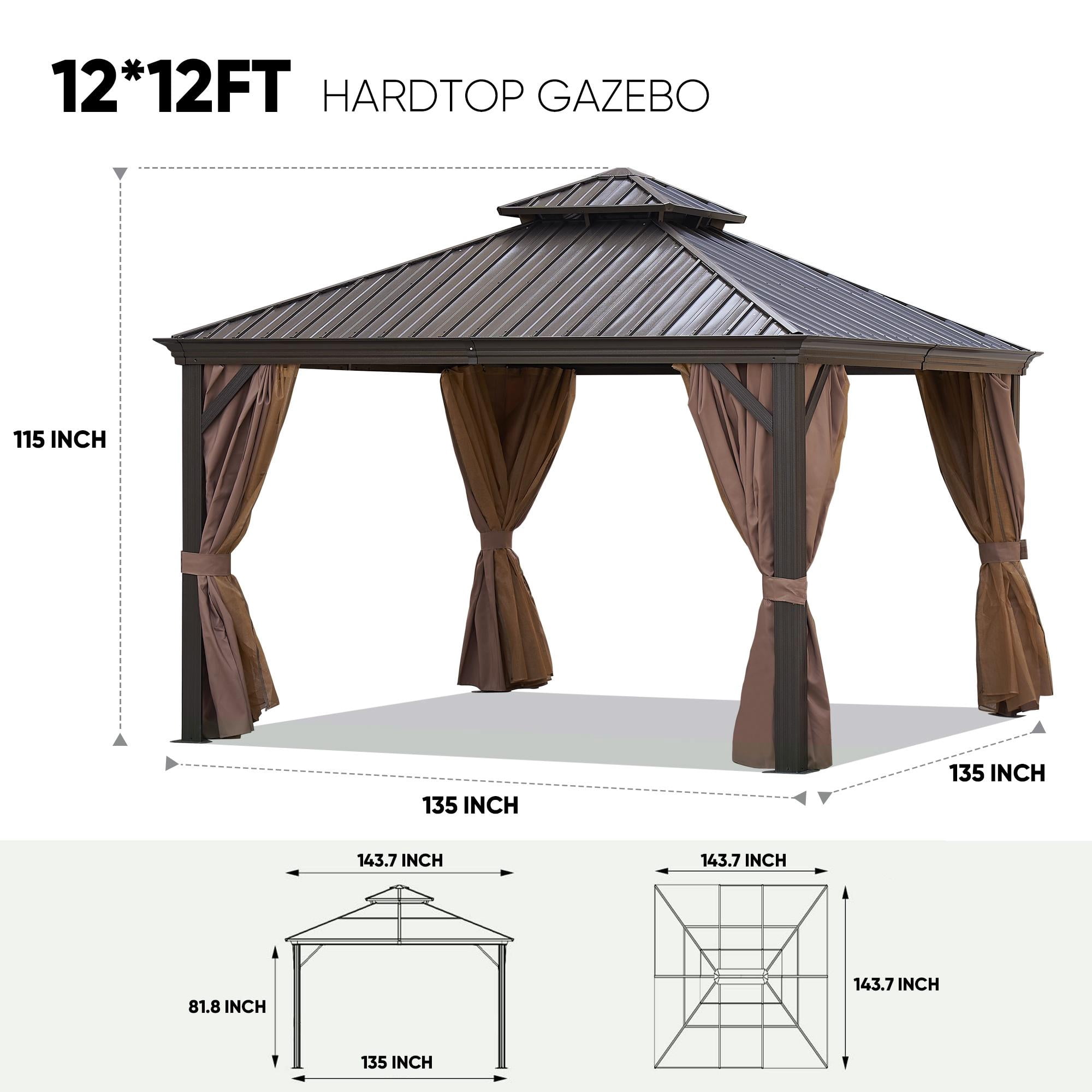 Segmart 12' x 12' Patio Hardtop Gazebo, Outdoor Galvanized Steel Aluminum Metal Double Roof Gazebo with Netting and Curtains, Permanent Patio Gazebo Pavilion for Backyard, Deck, Lawn, Gray