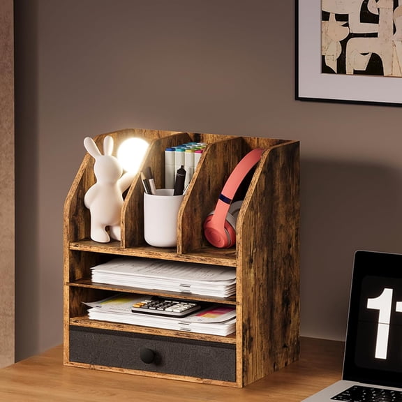 Wooden Desk Organizer With Removable Shelf And Fabric Drawer, Multi-Compartment Desktop File And Mail Holder For Home Office Storage, Rustic Brown MWJ05FG