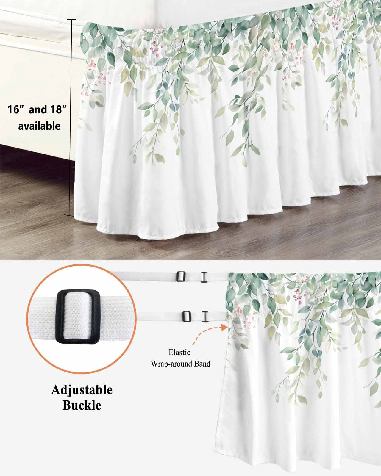 Eucalyptus Leaves Bed Skirt Queen Size, Sage Green Botanical Spring Summer Wrap Around Bed Skirting with Adjustable Elastic Strap, Dust Ruffle Pleated Bedskirts 16 Inch Drop for Bedroom Queen Beds