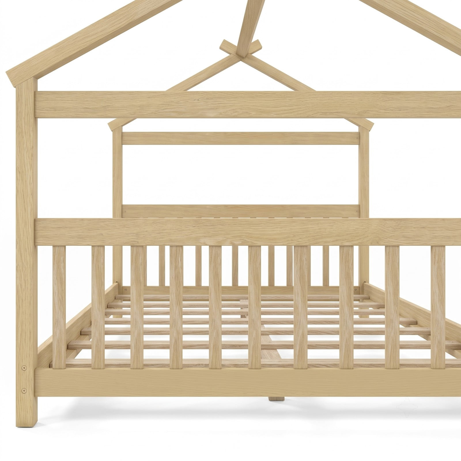 Furnibear Full Size House Bed Montessori Floor Bed with Peaked Roof and Guardrails, Wood Slat Platform Floor Bed for Kids Room, Natural