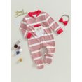 thumbnail image 3 of Wassery Baby Girls Christmas Clothes Infant Girls Footies Onesie Long Sleeve Stripe Santa Claus Print Jumpsuits Toddler Fall Romper Bodysuits with Headband 0-12 Months, 3 of 8