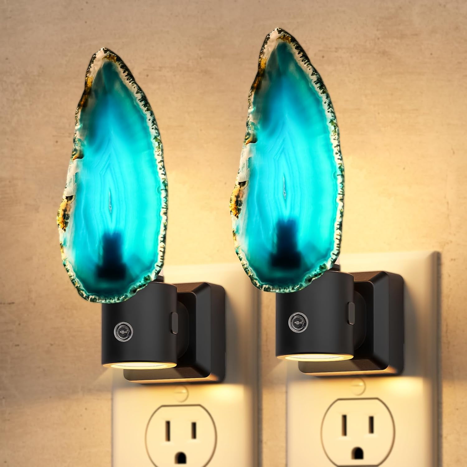 RGHJAR-Agate Night Lights Plug into Wall, Dimmable Night Lights with Adjustable Brightness, LED Nightlight with Dusk to Dawn Sensor, Blue Healing Stone Agate 3000K Warm White for Hallway Bedroom