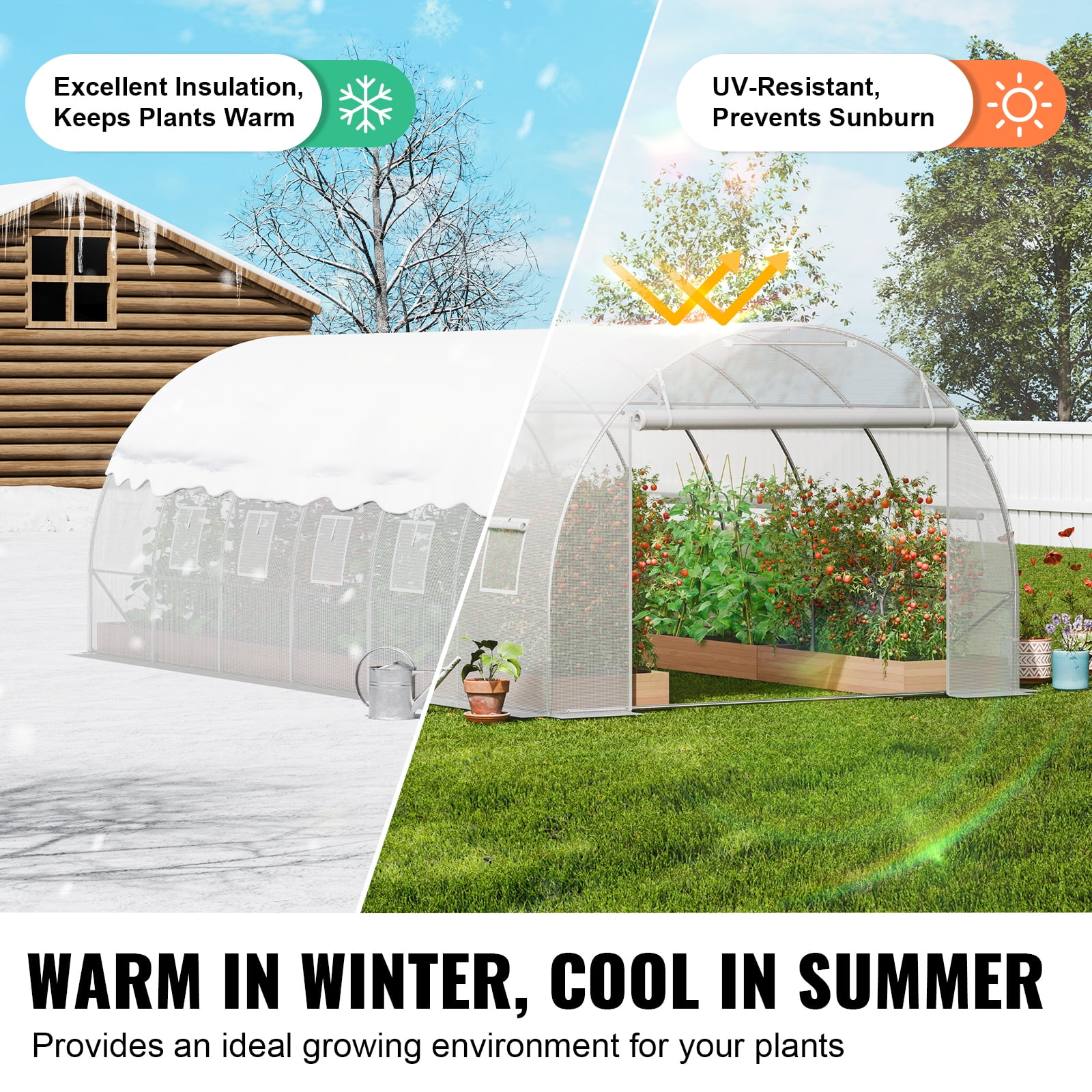 KFFKFF Tunnel Greenhouse, 19.4x9.7x6.5 ft, with Sturdy Galvanized Steel Frame, White PE Protection, Roll-up Door & 12 Ventilation Windows for Garden
