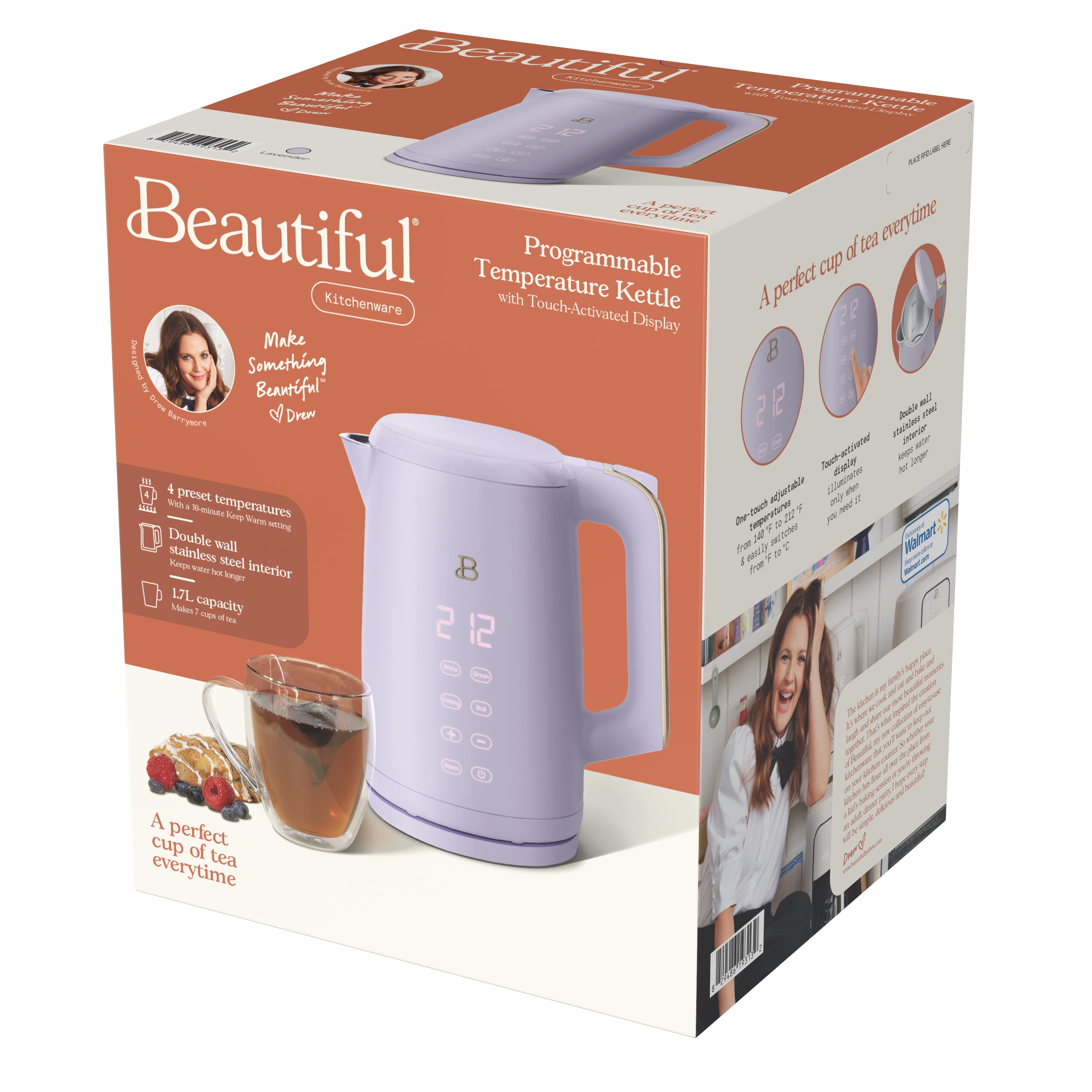 Beautiful 1.7-Liter Electric Kettle 1500 W with One-Touch Activation, Lavender by Drew Barrymore