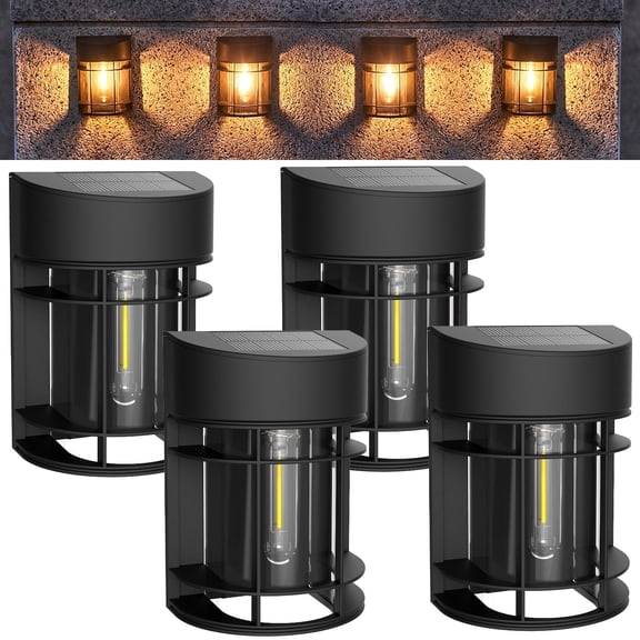 Solar Fence Deck Step Lights Waterproof Dusk Till Dawn Warm White LED Black 4 Pack