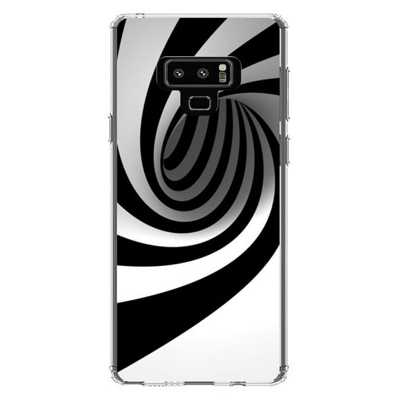 DistinctInk Clear Shockproof Hybrid Case for Samsung Galaxy Note 9 - TPU Bumper, Acrylic Back, Tempered Glass Screen Protector - Black White Swirl Vortex Geometric