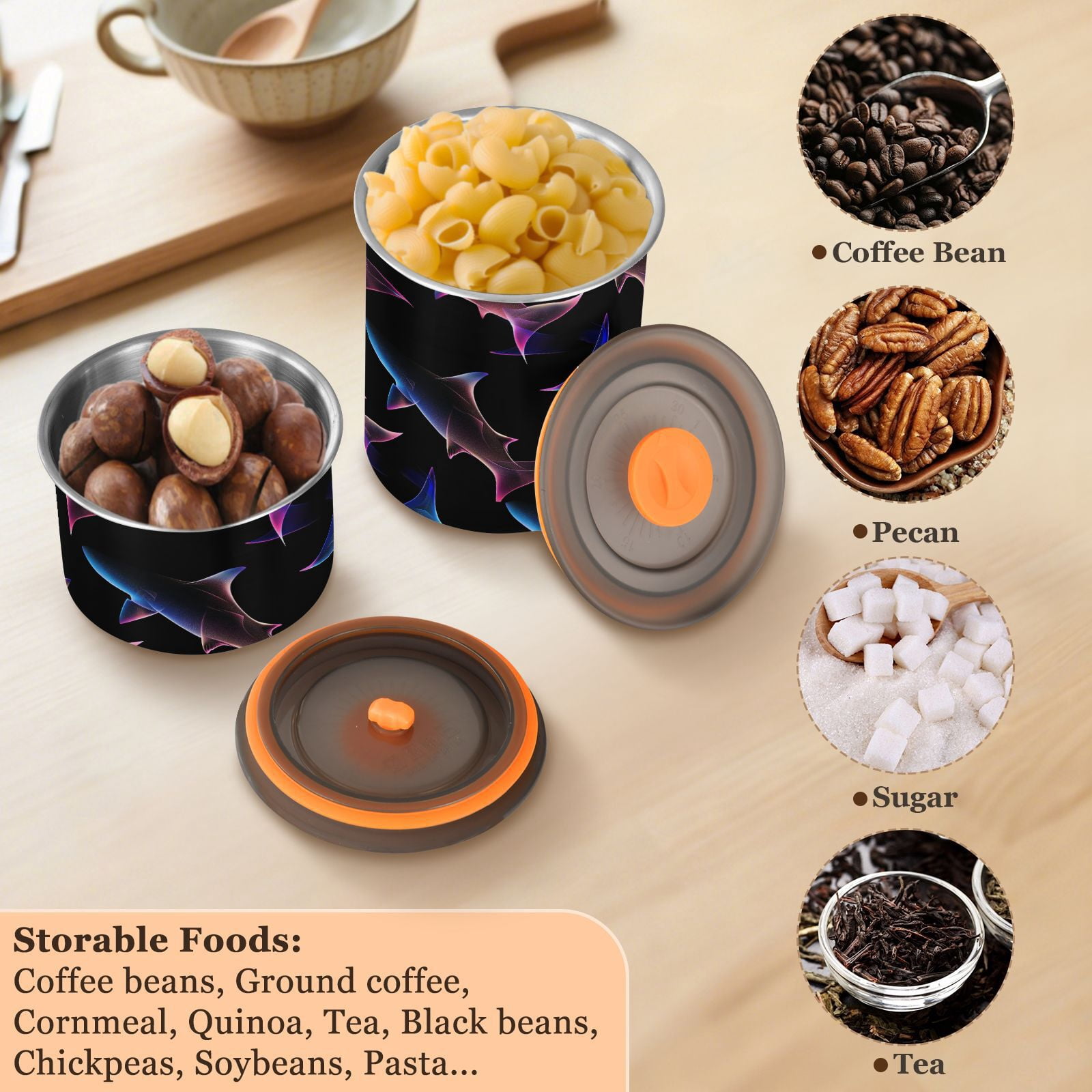 Neon Shark Print Airtight Coffee Bean Canister 30oz Food Storage Containers with Lids For Gournd, Tea, Sugar, Flour, Rice, Cereal, Candy Cookie Jar