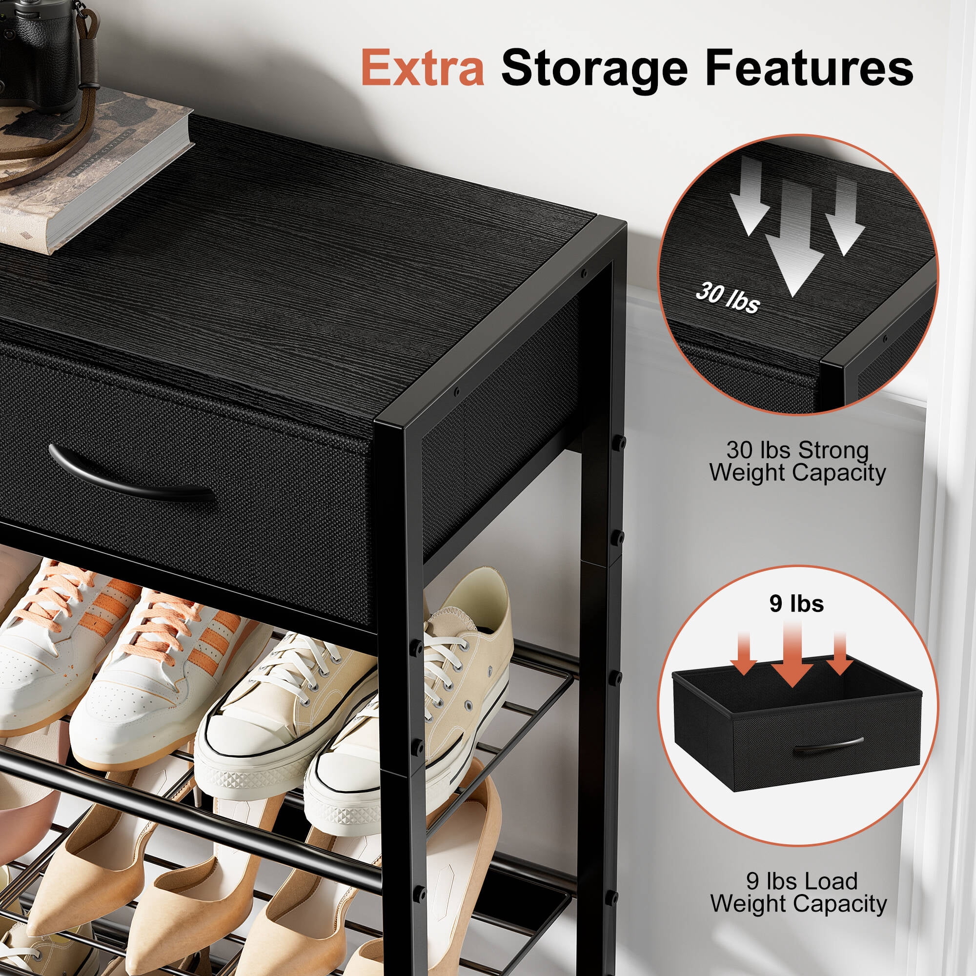 BGTREND 5-Tier Shoe Rack Organizer with Wooden Top and 2 Fabric Drawers, Shoe Stand Shelf for Entryway Hallway, Black