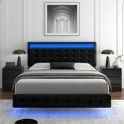 Homfa Queen Floating Bed with Lights, LED Platform Bed Frame with Under Bed Storage, PU Leather Adjustable Tufted Upholstered Bed, Black