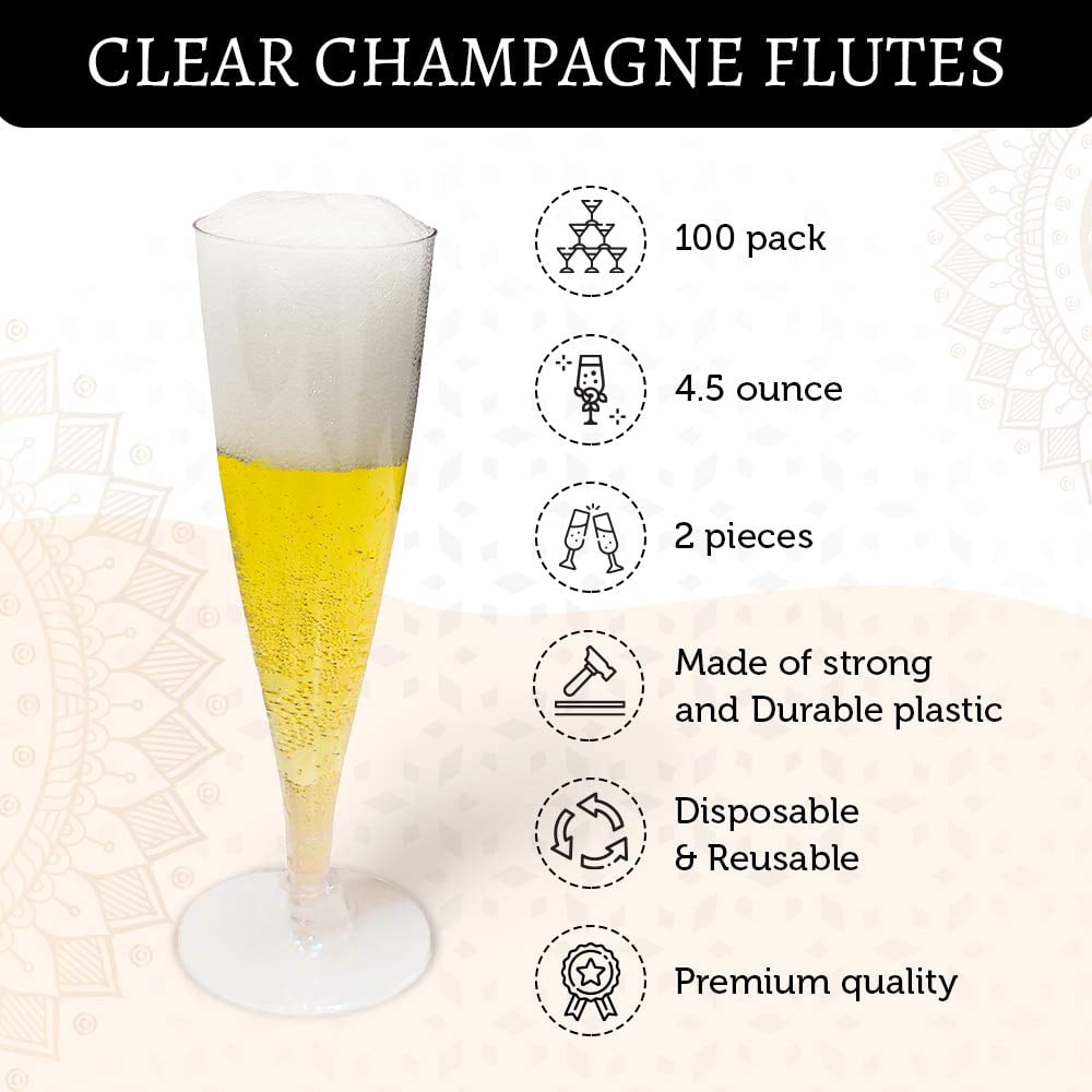 Oasis Creations Plastic Champagne Flutes Glasses Set (100 Count) 4.5 Ounce - Clear Stem Cups 2 Pieces - Ideal for Birthday Party, Wedding Reception and Other Celebration!