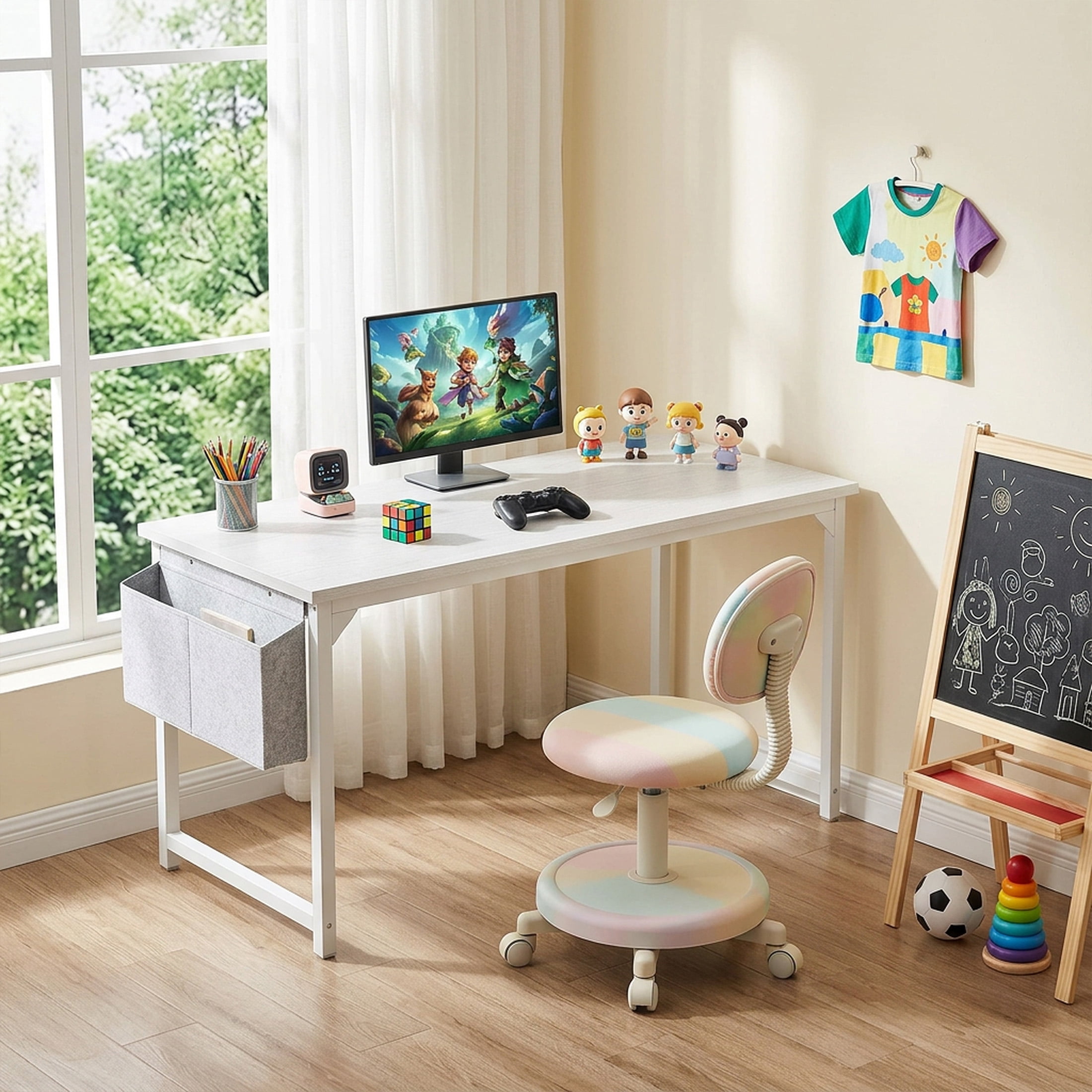 edx 63" Home Office Desk, Computer Desk with Storage Bag & Hook, Waterproof Top & Metal Frame, Modern Simple Study Writing Table for Bedroom, White