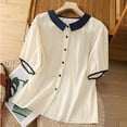 thumbnail image 4 of Busydd Womens Tops Dressy Casual Colorblock Patchwork Summer Tops Trendy Round Neck Short Sleeve Cotton Linen Shirts Comfortable Button Women Blouses XL, 4 of 8