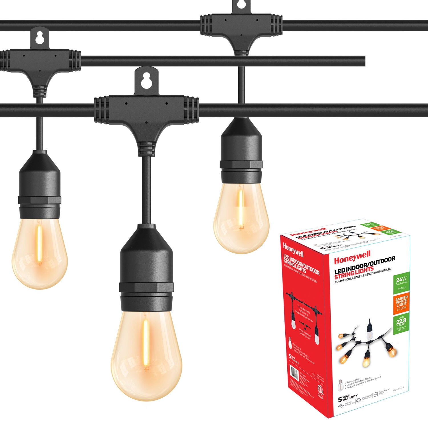Honeywell 12' LED Indoor/Outdoor String Lights, 6 E26 Filament Bulbs Included, Warm White Light