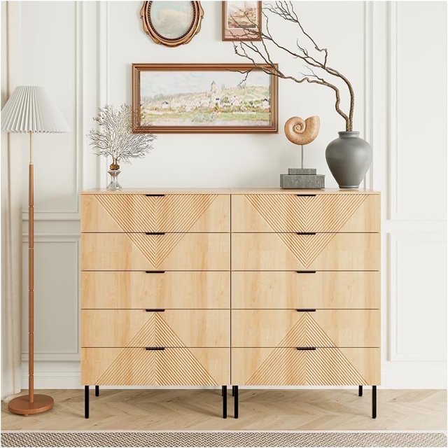 ANHDAH Commodes à 5 Tiroirs pour Chambre à Coucher, Commodes Hautes Cannelées de Style Mi-Siècle Moderne, Armoire de Rangement en Bois Commode à Tiroirs pour Garde-Robe, Entrée (2, Chêne Naturel)