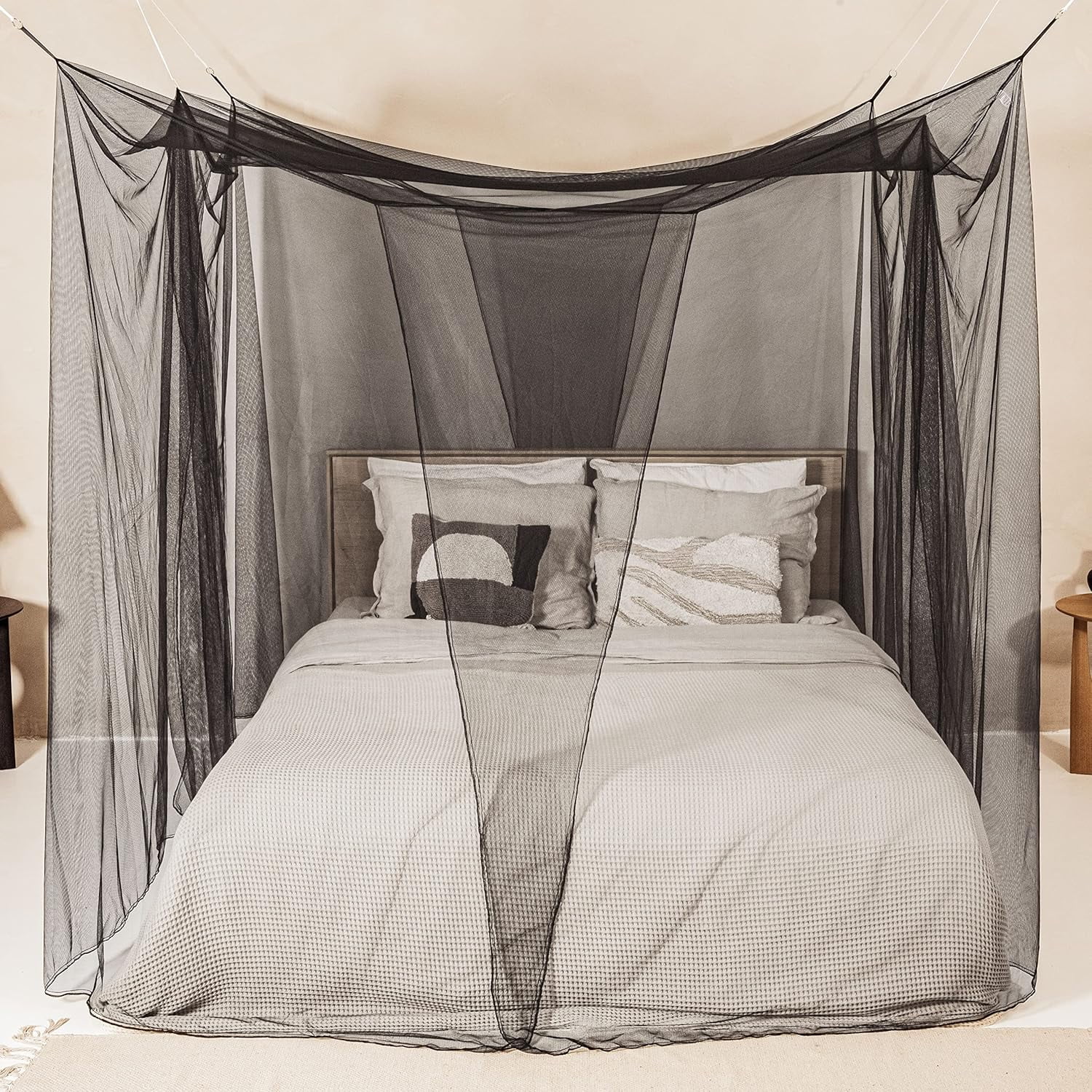 CAILDANL Mosquito Net for Single to King-Sized Beds – 2 Side Openings & 6 Hanging Loops – Decorative Rectangular Shape for Home & Travel – Bed Canopy Hanging Kit &
