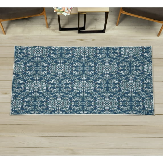 Mosaic Decorative Rug, Antique Roman Time Inspired Rock Design with Circled Modern Lines Image Print, Quality Carpet for Bedroom Dorm and Living Room, 6 Sizes, Petrol Blue, by Ambesonne
