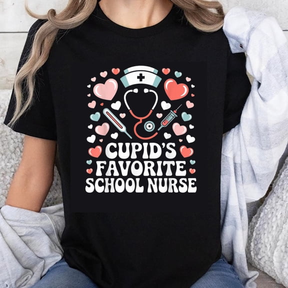 100% Cotton Cupids Favorite School Nurse Valentine Heart Stethoscope Nurse Hat Medical Gift For Nurses T-Shirt