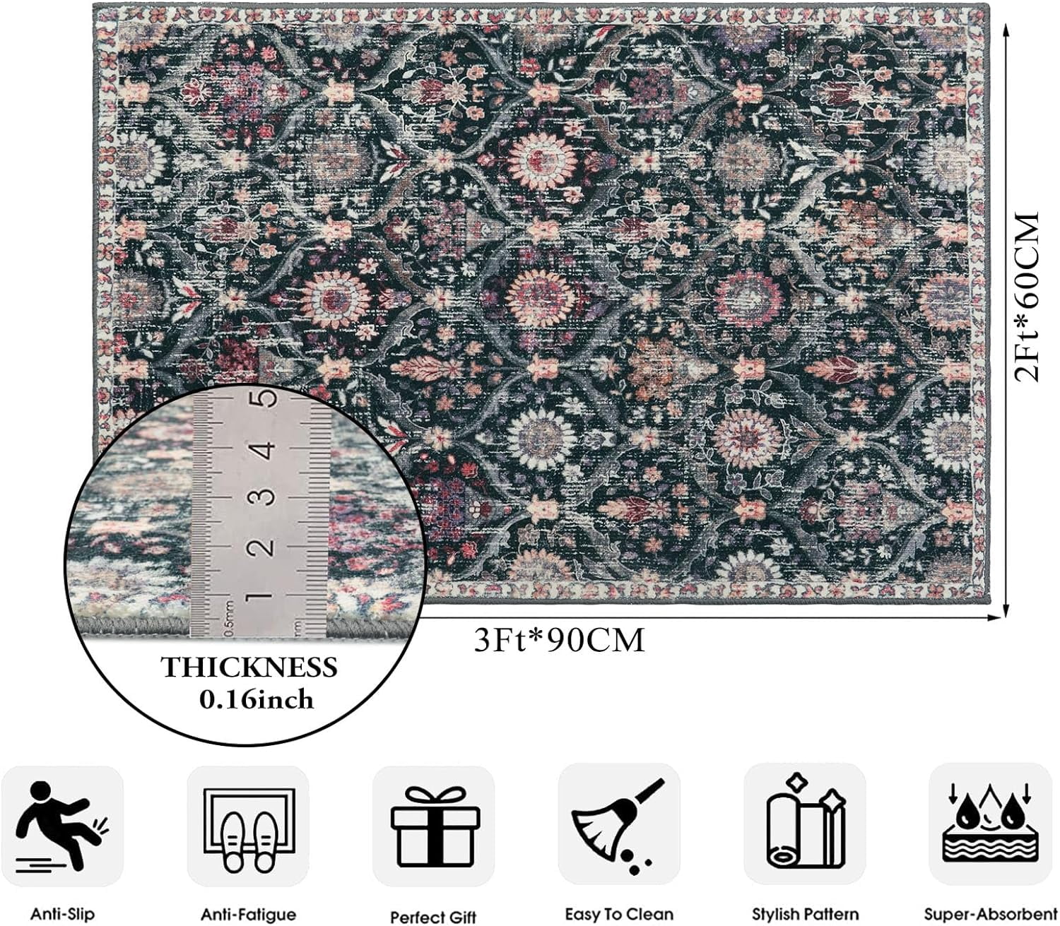 Moynesa 2'x3' Moroccan Trellis Area Rug, 2x3ft Entry Rug Non-Slip Washable Indoor Door Mat, Small Oriental Accent Throw Rug for Bedroom Kitchen Entryway Bathroom Black