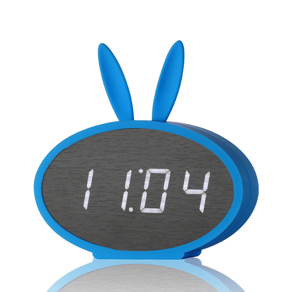 Cartoon Bunny Ears LED Wooden Digital Alarm Clock Voice Control Thermometer Display Blue Clocks