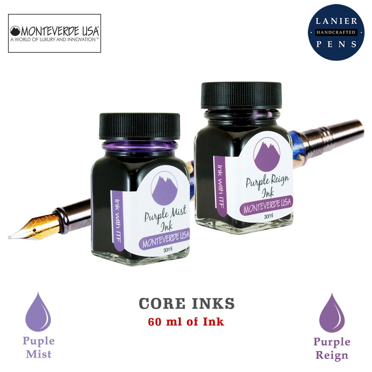 Monteverde 60ml Core Fountain Pen Ink Bottle (30ml Purple Mist Ink Bottle G309PM, 30ml Purple Reign Ink Bottle G309PR)