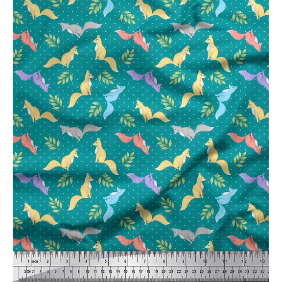 Soimoi Rayon Fabric Dot,Leaves & Fox Animal Print Sewing Fabric Yard 56 Inch Wide