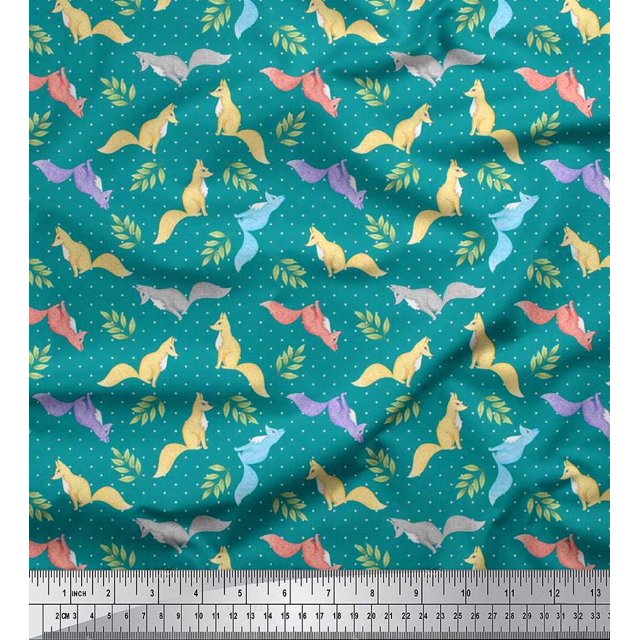 Soimoi Rayon Fabric Dot,Leaves & Fox Animal Print Sewing Fabric Yard 56 Inch Wide