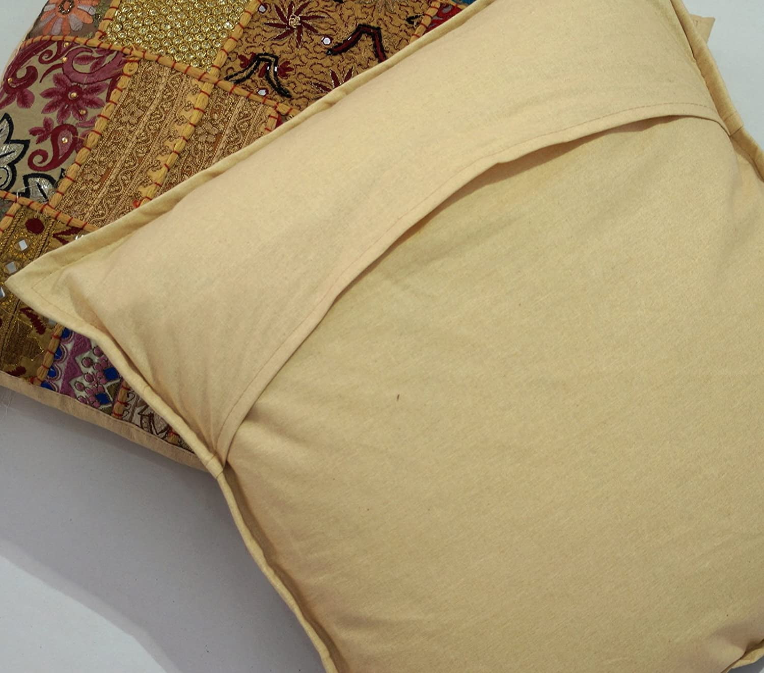 Indian Bohemian Decorative Sofa Throw Pillow Cover 16 Inch Cotton Patchwork Geometric Indian Square Couch Cushion Cover (Size - 40x40 cm ; Color: Beige )