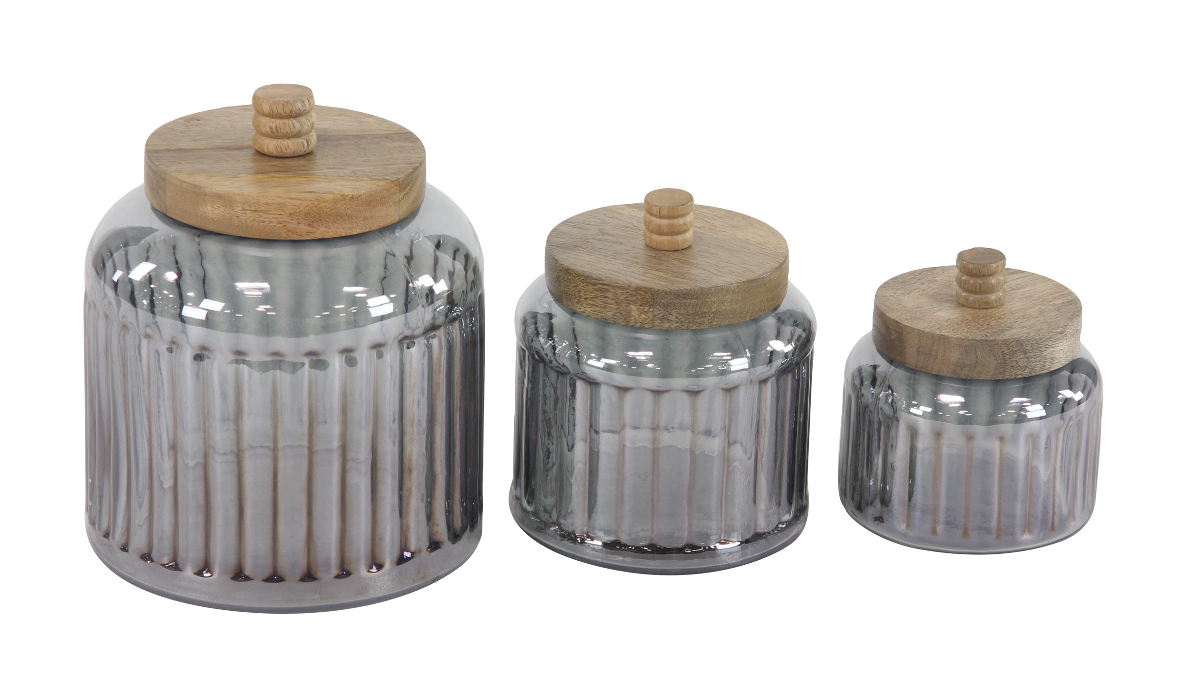 Decmode Large, Round Metallic Silver Smoked Glass Jars w/ Wood Lids