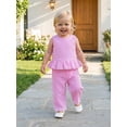 thumbnail image 4 of BemeyourBBs Toddler Baby Girl Summer Clothes Infant Baby Girl 2 Piece Summer Outfit Casual Striped Ruffled Hem V Neck Sleeveless Tank Tops and Wide Legs Pants 2 Pcs Set, 4 of 9