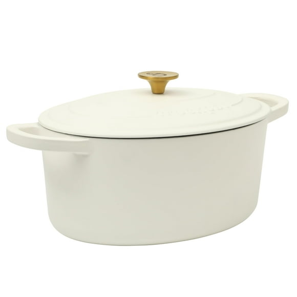Crock Pot Artisan Olla holandesa ovalada de hierro fundido de 7 cuartos con tapa - Blanco lino con perilla dorada