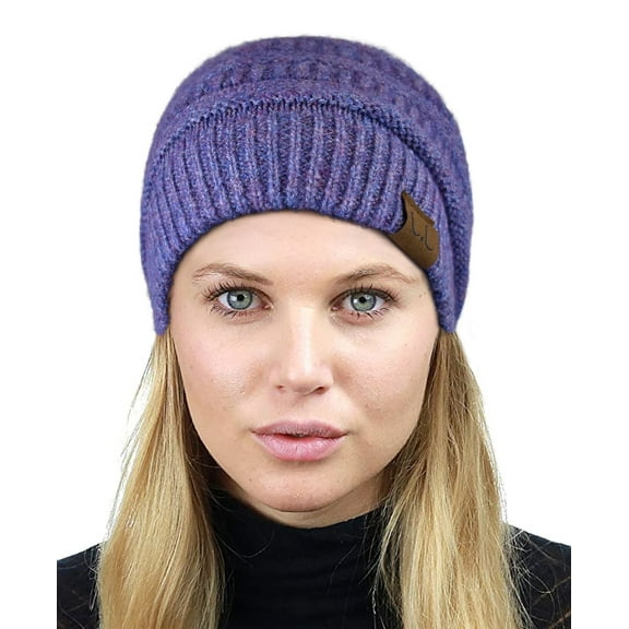 C.C Unisex Chunky Soft Stretch Cable Knit Warm Fuzzy Lined Skully Beanie, Periwinkle with Hair Tie